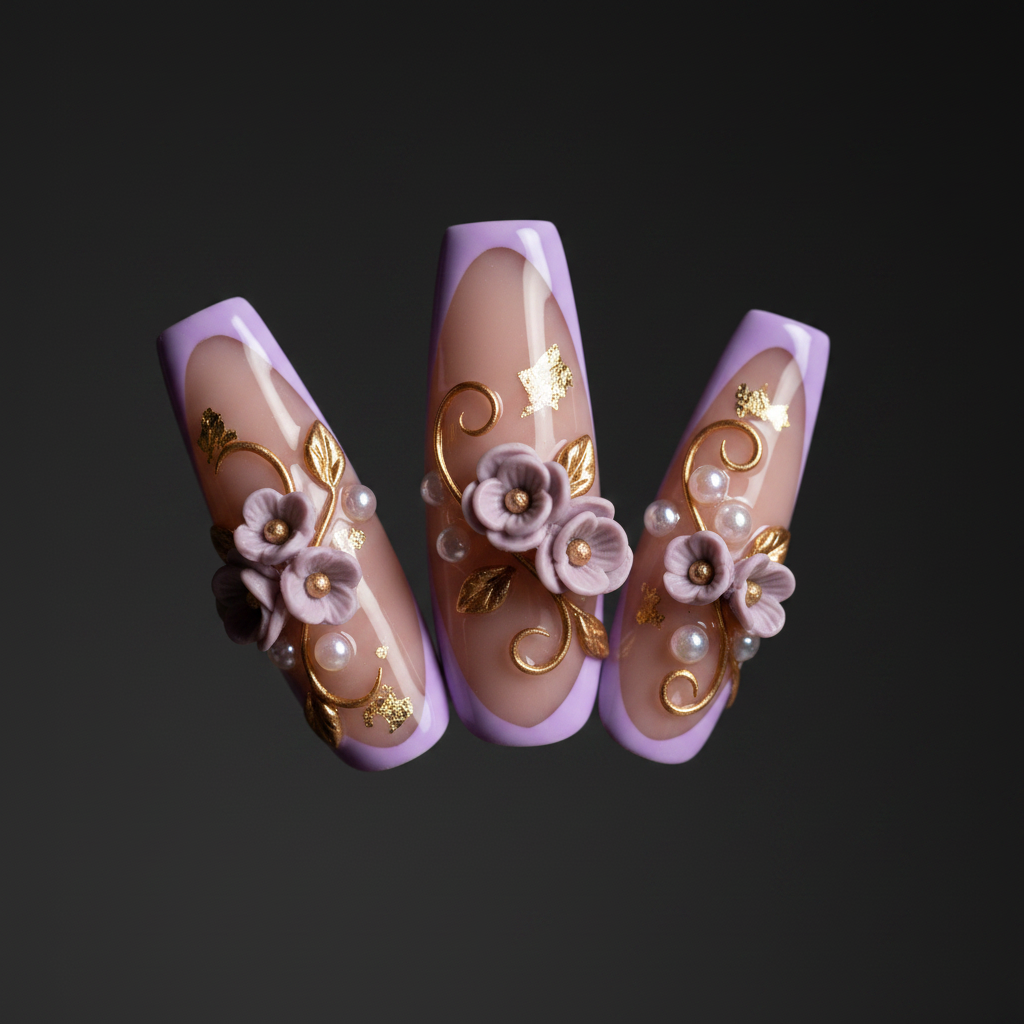 Macro close-up 3D purple clay flower press-on nails with gold metallic vine dramatic lighting — LuxepressCo