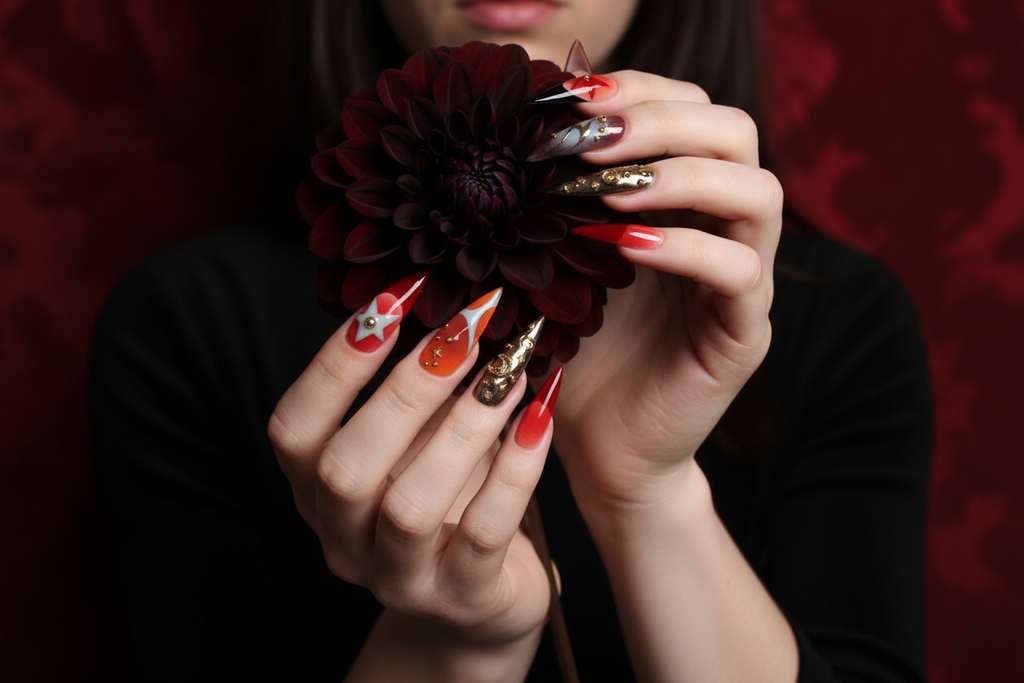 Fair-skin hands wearing fiery red gothic custom press-on nails holding deep red-black dahlia flower — LuxepressCo