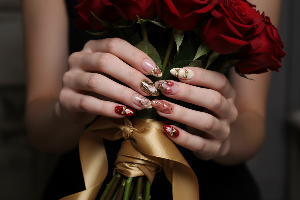 Light skin hands holding red roses wearing dark romance sacred heart custom press-on nails — LuxepressCo