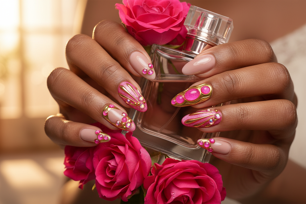 Lifestyle dark skin hands wearing hot pink gold bubble gem custom press-on nails holding hot pink roses — LuxepressCo