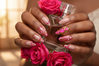 Lifestyle dark skin hands wearing hot pink gold bubble gem custom press-on nails holding hot pink roses — LuxepressCo