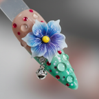 Macro close-up nude teal watercolor bubble dot 3D blue-purple flower silver bell charm salon-quality almond press-on nails — LuxepressCo