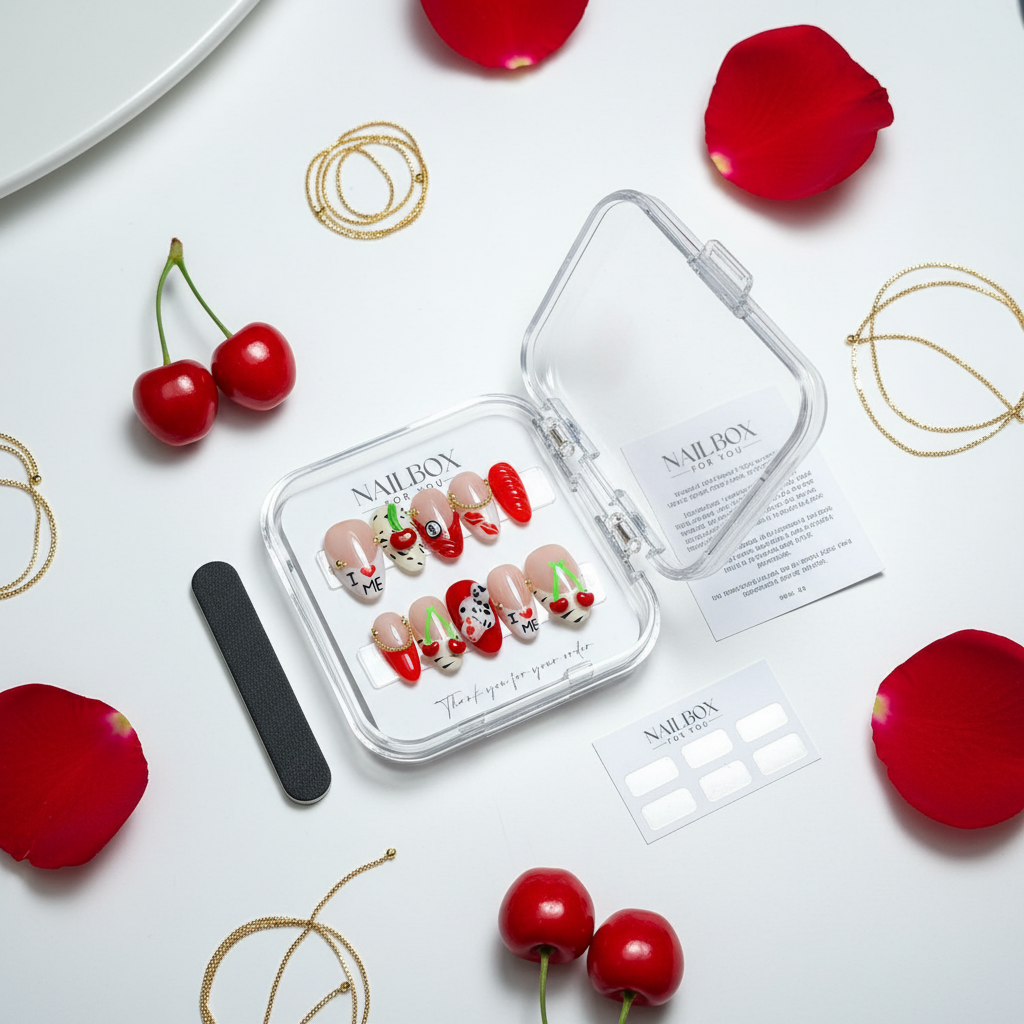 Luxury unboxing acrylic nail box Y2K pop art press-on nails with cherry and gold chain props — LuxepressCo