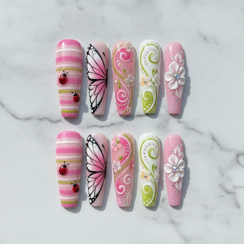 Flat lay top-down full set 10 3D ladybug butterfly swirl rhinestone salon-quality nails white marble — LuxepressCo