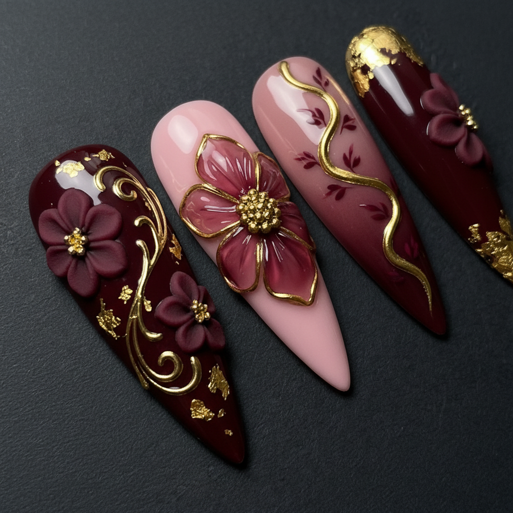 Close-up 3D burgundy flowers gold foil rhinestone custom press-on nails dramatic lighting — LuxepressCo