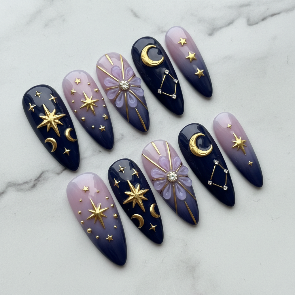 Full set 10 celestial press-on nails navy blue lavender marble background studio hero shot — LuxepressCo