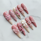 3D pink flower butterfly lace bow cherry blossom pearl press-on nails hero shot white marble studio custom press-on nails — LuxepressCo