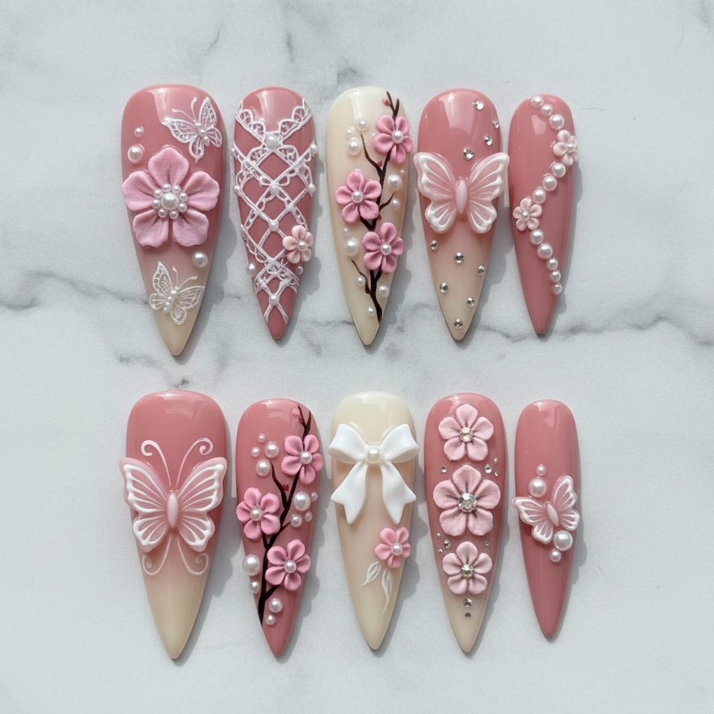 Flat lay top-down full set 10 3D pink flower butterfly lace bow cherry blossom pearl salon-quality nails white marble — LuxepressCo
