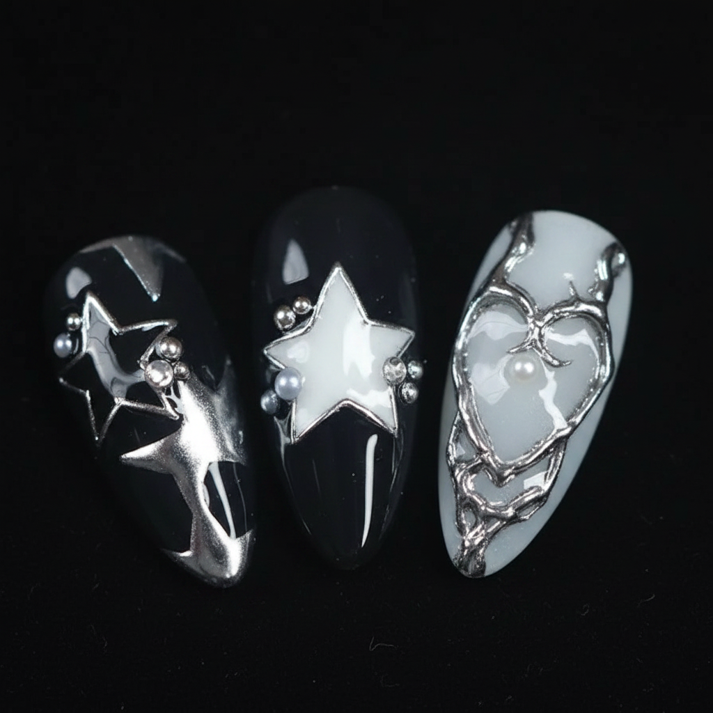 Macro close-up 3D silver star charm and heart chrome foil salon-quality press-on nails — LuxepressCo