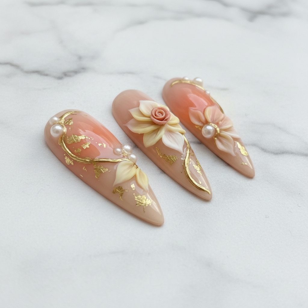 Side angle macro 3D floral gold foil pearl peach blush stiletto reusable press-on nails texture gloss — LuxepressCo