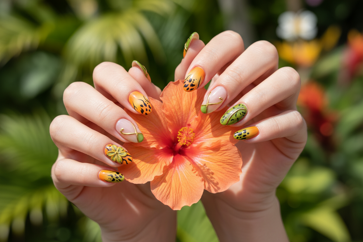 Light skin hands holding orange tropical flower wearing orange green wild reusable nails salon-quality — LuxepressCo