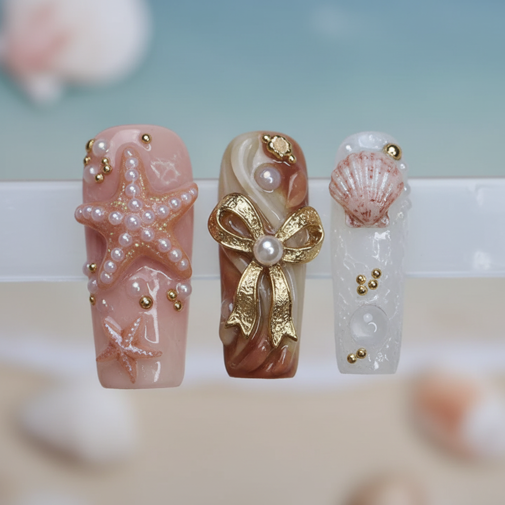 Macro close-up 3D starfish gold bow conch shell pearl marble swirl custom press-on nails coastal detail — LuxepressCo