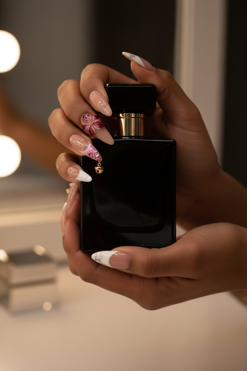 Dark-skin hands holding black perfume wearing nude blush burgundy floral reusable press-on nails — LuxepressCo