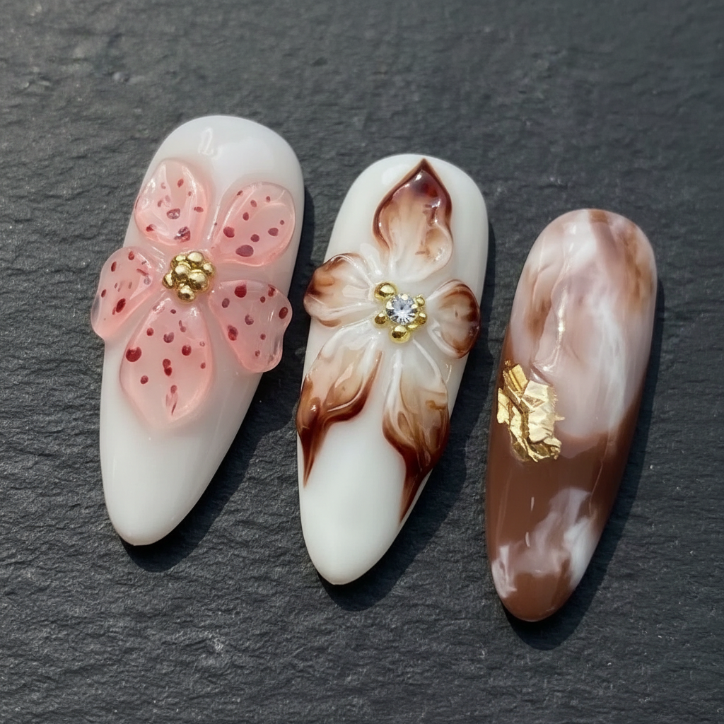 Close-up macro 3D translucent pink flower gold bead center hand-painted magnolia rhinestone custom press-on nails — LuxepressCo