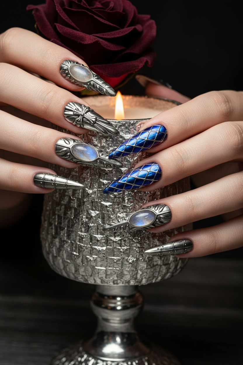 Light skin hands with gunmetal gothic armor stiletto reusable nails holding dark rose — LuxepressCo
