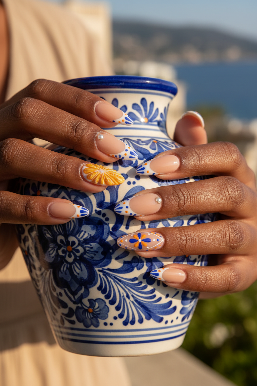 Dark skin hands wearing Amalfi Coast custom press-on nails holding blue white ceramic vase — LuxepressCo