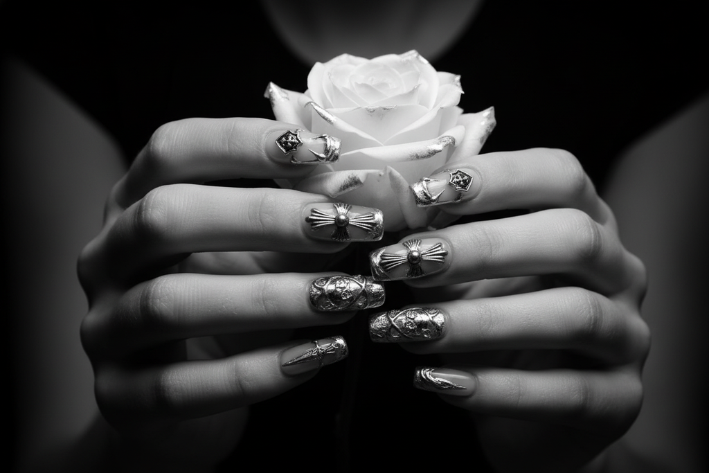 Fair-skin hands wearing gothic silver chrome custom press-on nails holding white silver-tipped rose — LuxepressCo