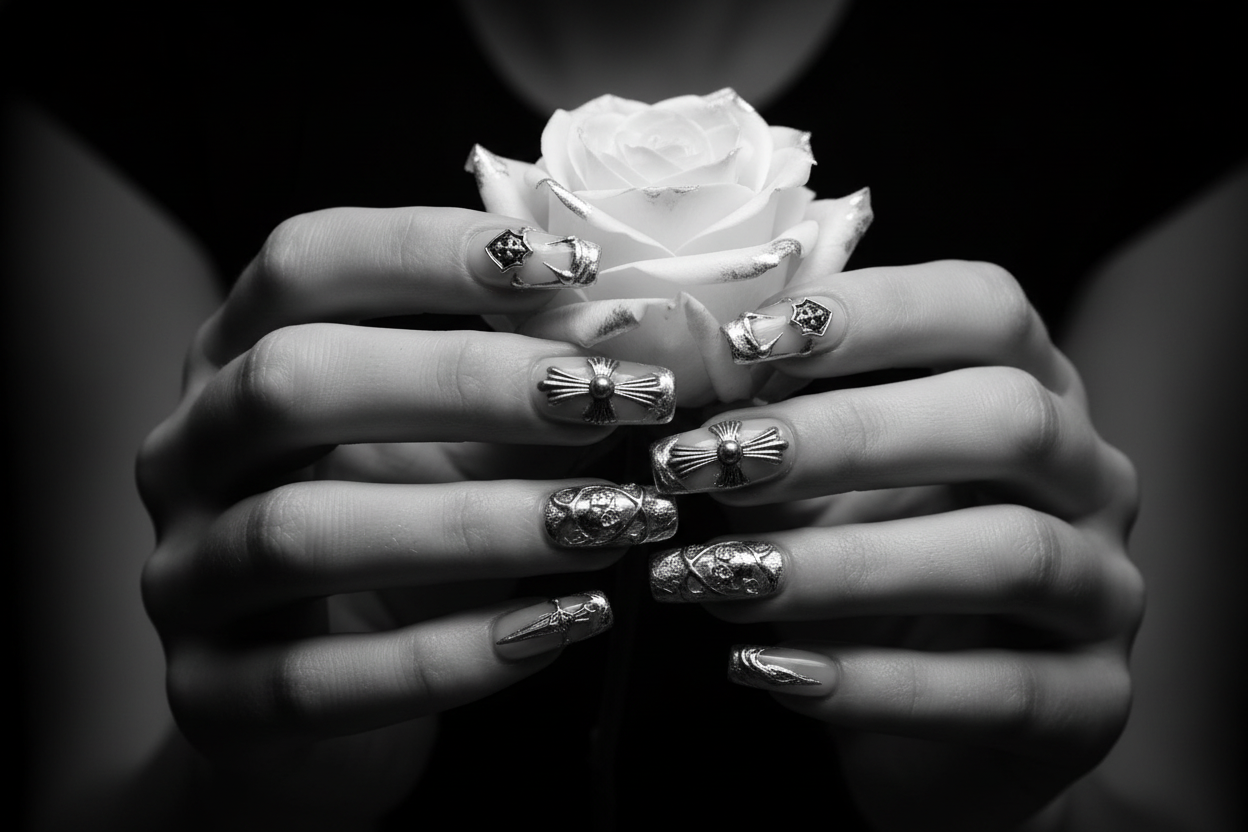 Fair-skin hands wearing gothic silver chrome custom press-on nails holding white silver-tipped rose — LuxepressCo