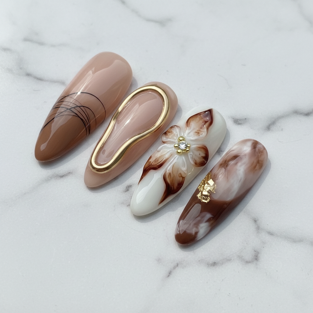 Macro gold chrome arch frame marble texture custom press-on nails nude brown — LuxepressCo