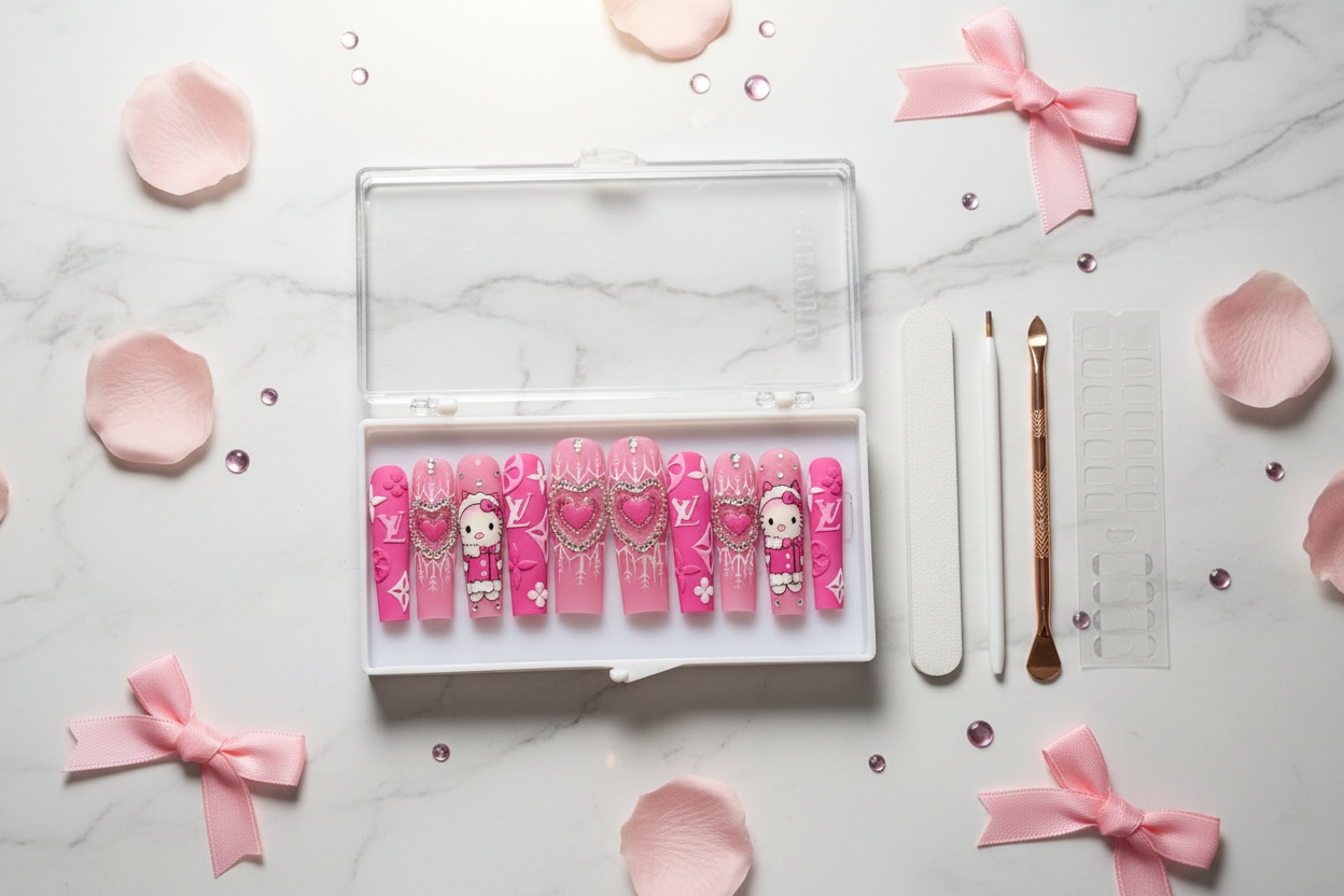 Luxury unboxing acrylic box kawaii kitty luxury monogram pink crystal heart press-on nails with accessories — LuxepressCo