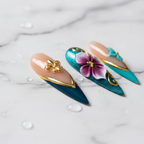 Close-up pink orchid 3D floral nude gold V-line custom press-on nails marble — LuxepressCo