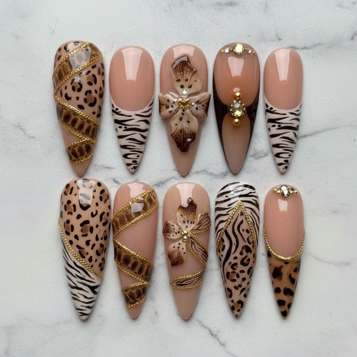 Flat lay top-down full set 10 animal print leopard zebra rhinestone custom press-on nails — LuxepressCo