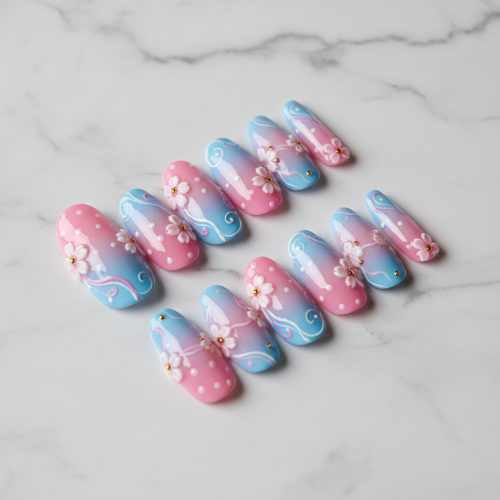 Full set 10 cherry blossom 3D press-on nails white marble background studio light custom press-on nails — LuxepressCo