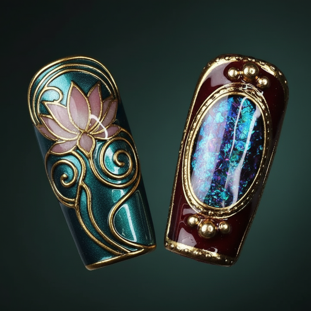 Macro close-up Art Nouveau stained glass teal chrome gold wire lotus and burgundy oval frame salon-quality press-on nails — LuxepressCo