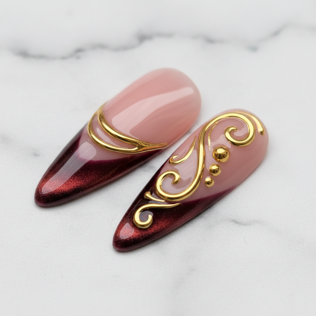 Macro close-up gold swirl filigree burgundy chrome glossy custom press-on nails marble background — LuxepressCo