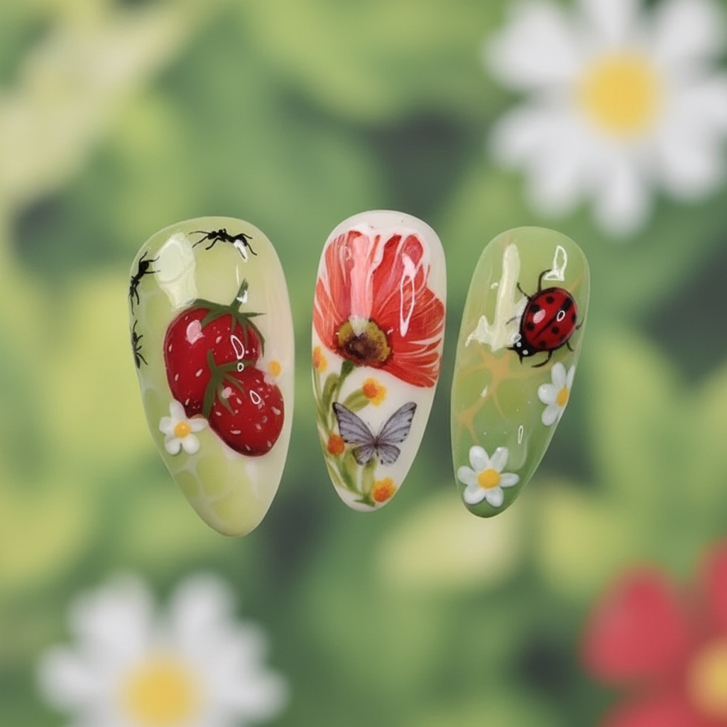 Macro close-up 3D red strawberry ladybug charm hand-painted ant butterfly daisy sage green custom press-on nails detail — LuxepressCo