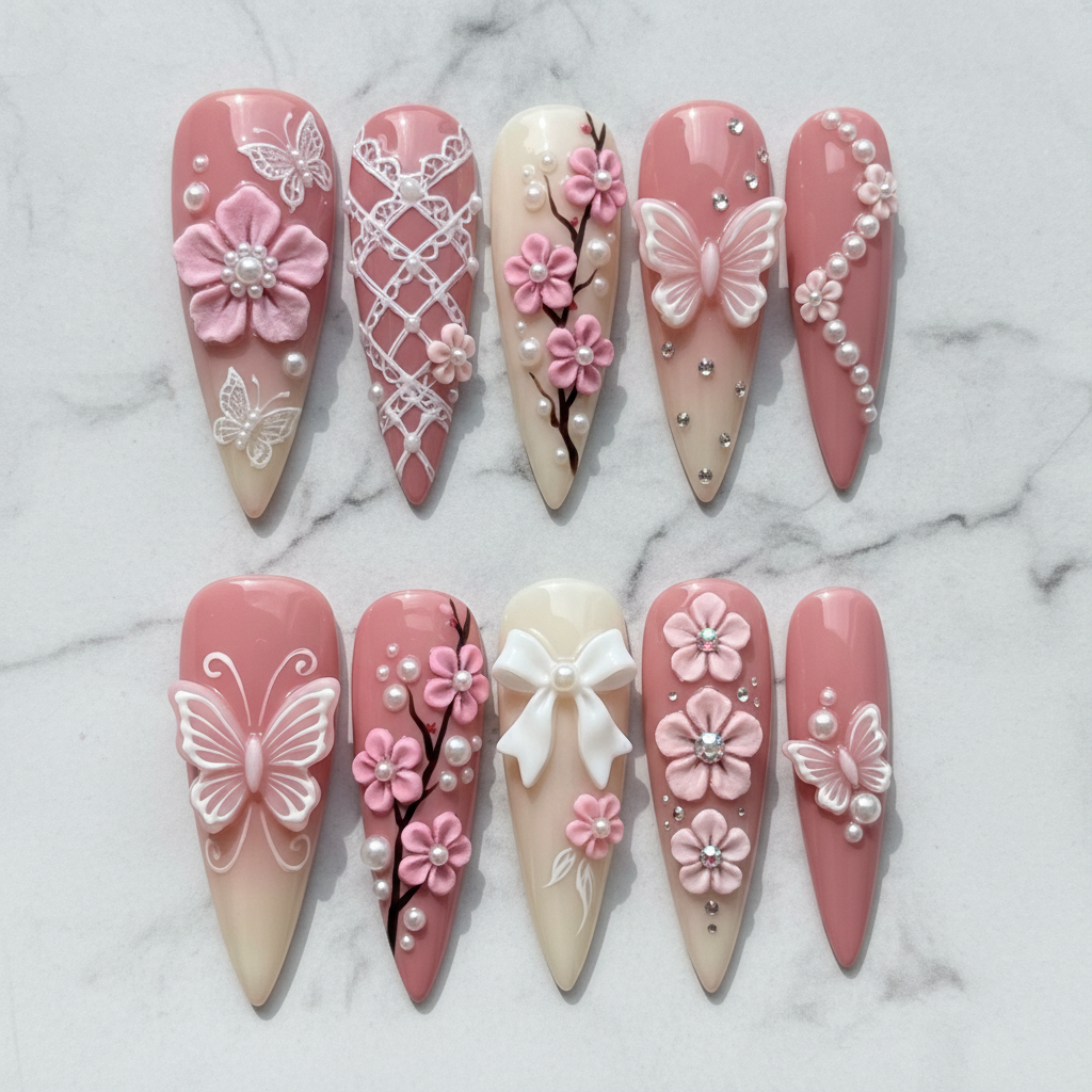 Flat lay top-down full set 10 pink cherry blossom butterfly bow 3D press-on nails white marble reusable nails luxury editorial — LuxepressCo