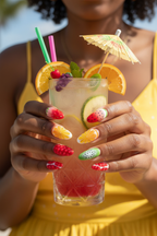 Dark skin hands wearing tropical 3D fruit custom press-on nails holding tropical cocktail — LuxepressCo