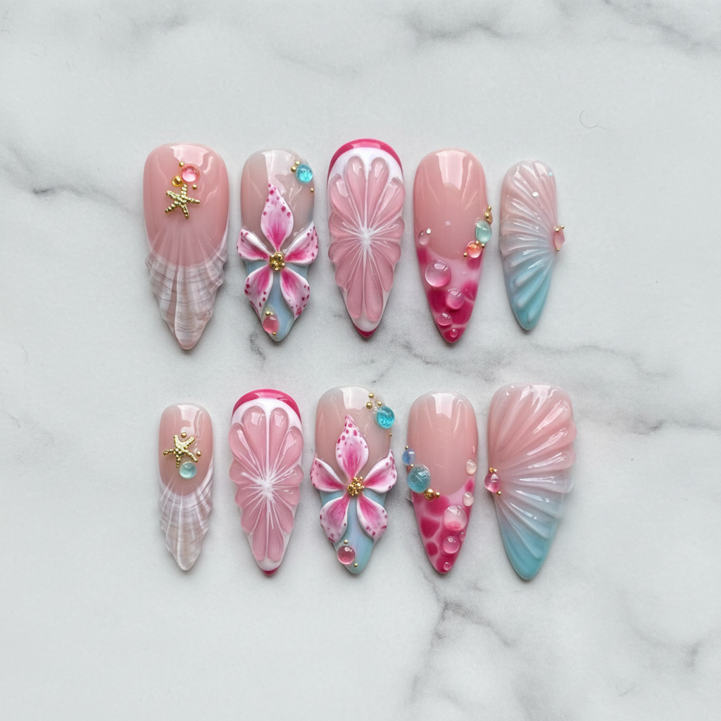 Flat lay top-down full set 10 mermaid ocean shell 3D flower custom press-on nails pink pearl — LuxepressCo