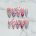 Flat lay top-down full set 10 mermaid ocean shell 3D flower custom press-on nails pink pearl — LuxepressCo
