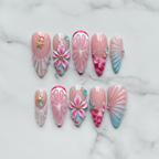 Flat lay top-down full set 10 mermaid ocean shell 3D flower custom press-on nails pink pearl — LuxepressCo