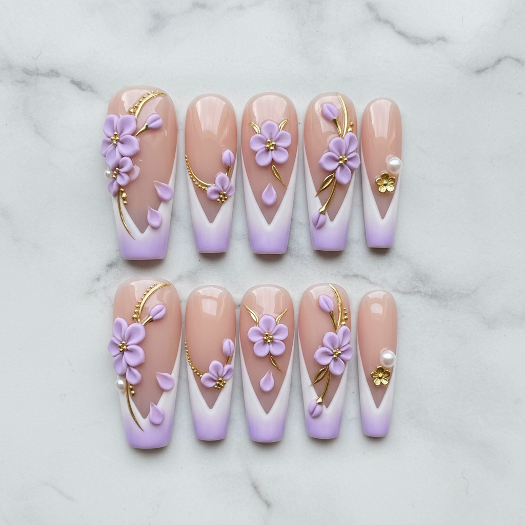 Flat lay top-down full set 10 lavender 3D floral custom press-on nails arranged on white marble — LuxepressCo