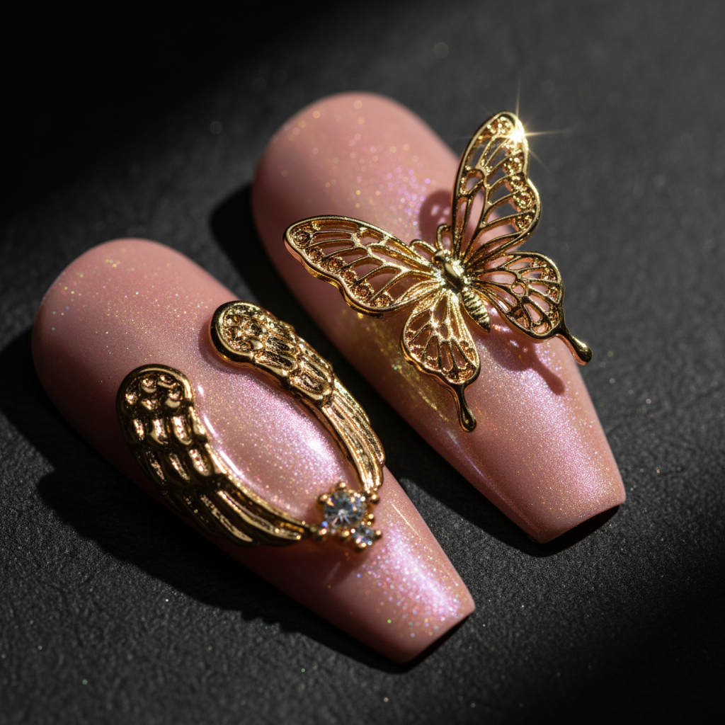 Gold chrome butterfly angel wing macro close-up custom press-on nails blush pink aurora dramatic — LuxepressCo
