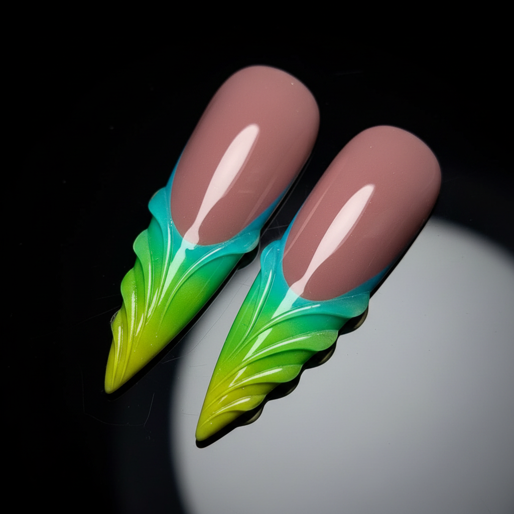 Macro close-up 3D sculptural leaf tip teal aqua lime green ombre carved vein texture mauve custom press-on nails — LuxepressCo
