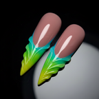 Macro close-up 3D sculptural leaf tip teal aqua lime green ombre carved vein texture mauve custom press-on nails — LuxepressCo