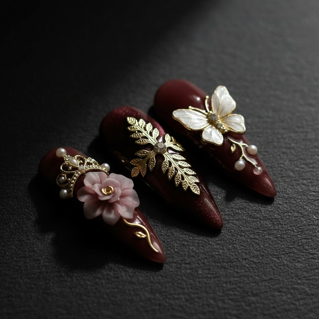 Close-up macro gold crown pearl 3D mauve flower diamond rhinestone burgundy aurora stiletto custom press-on nails dramatic lighting — LuxepressCo