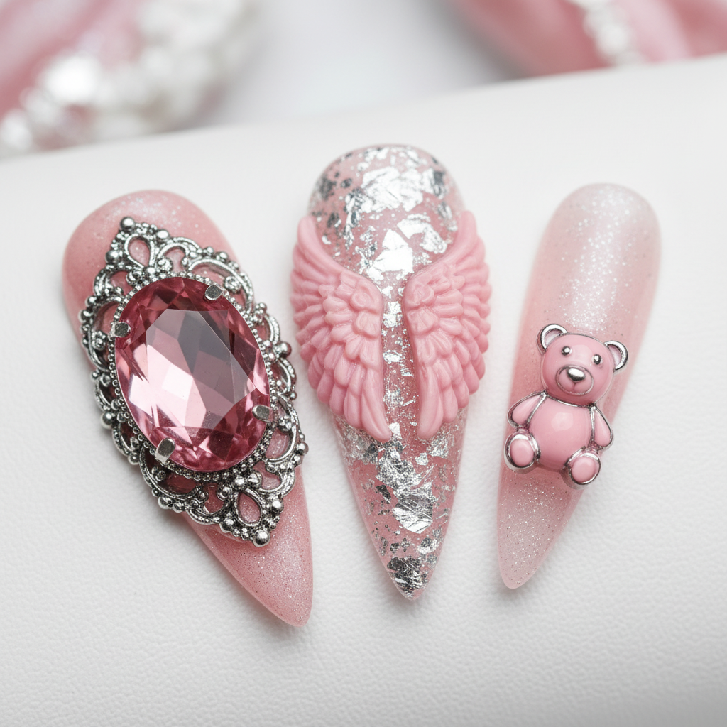 Macro close-up pink cat-eye cabochon baroque frame angel wing teddy bear custom press-on nails — LuxepressCo