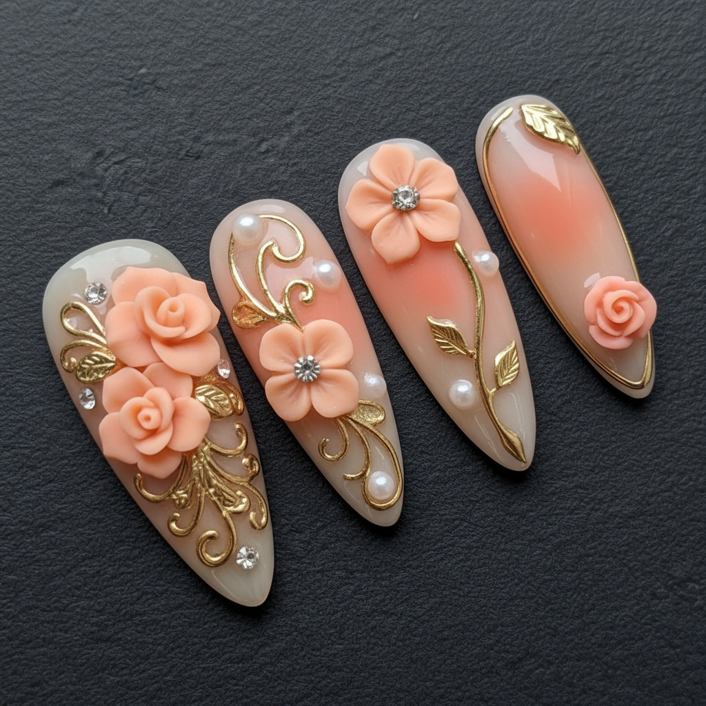 Macro close-up 3D sculpted peach rose rhinestone gold filigree custom press-on nails dramatic lighting — LuxepressCo
