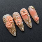 Macro close-up 3D sculpted peach rose rhinestone gold filigree custom press-on nails dramatic lighting — LuxepressCo