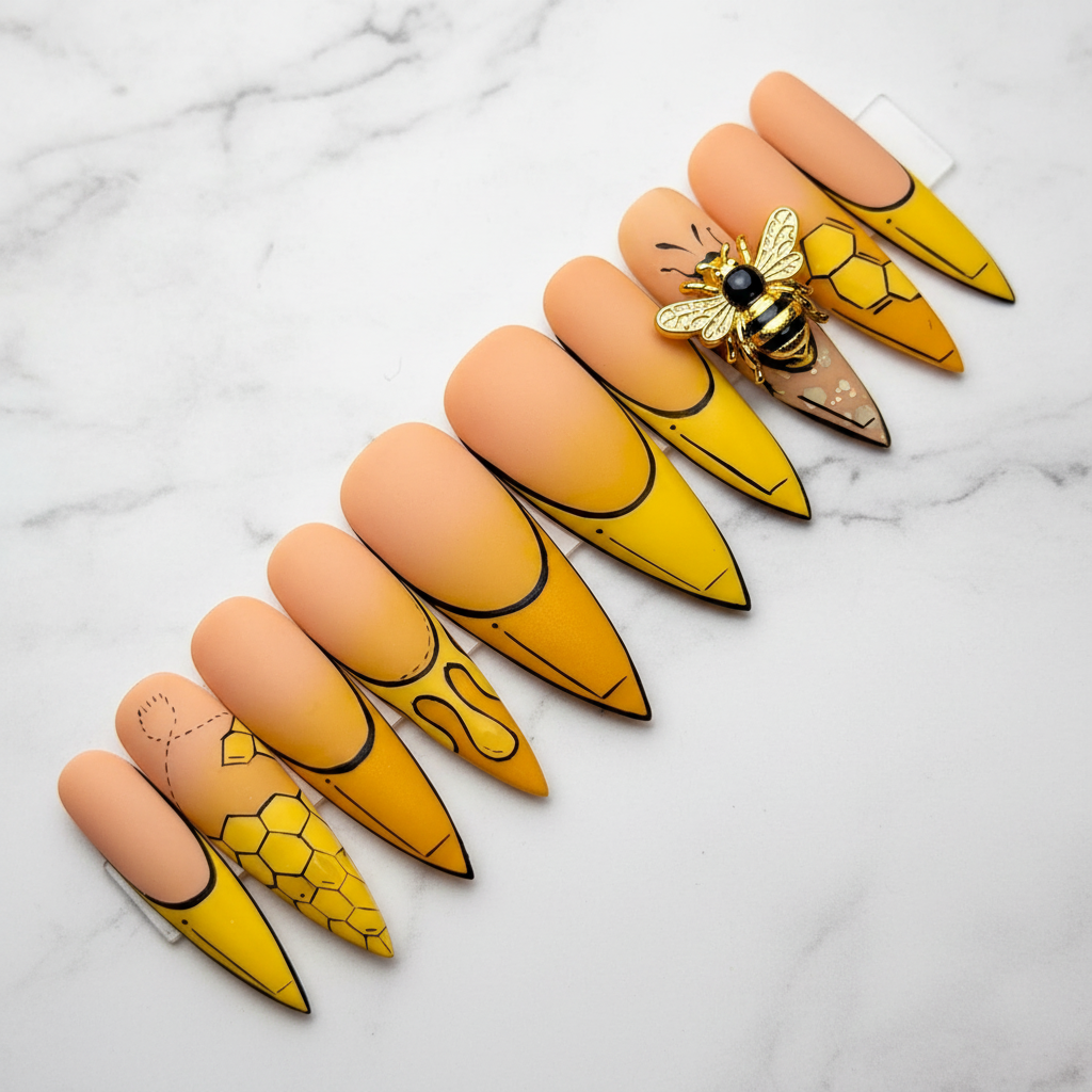Bumblebee honeycomb honey drip gold chrome bee stiletto custom press-on nails full set on marble — LuxepressCo