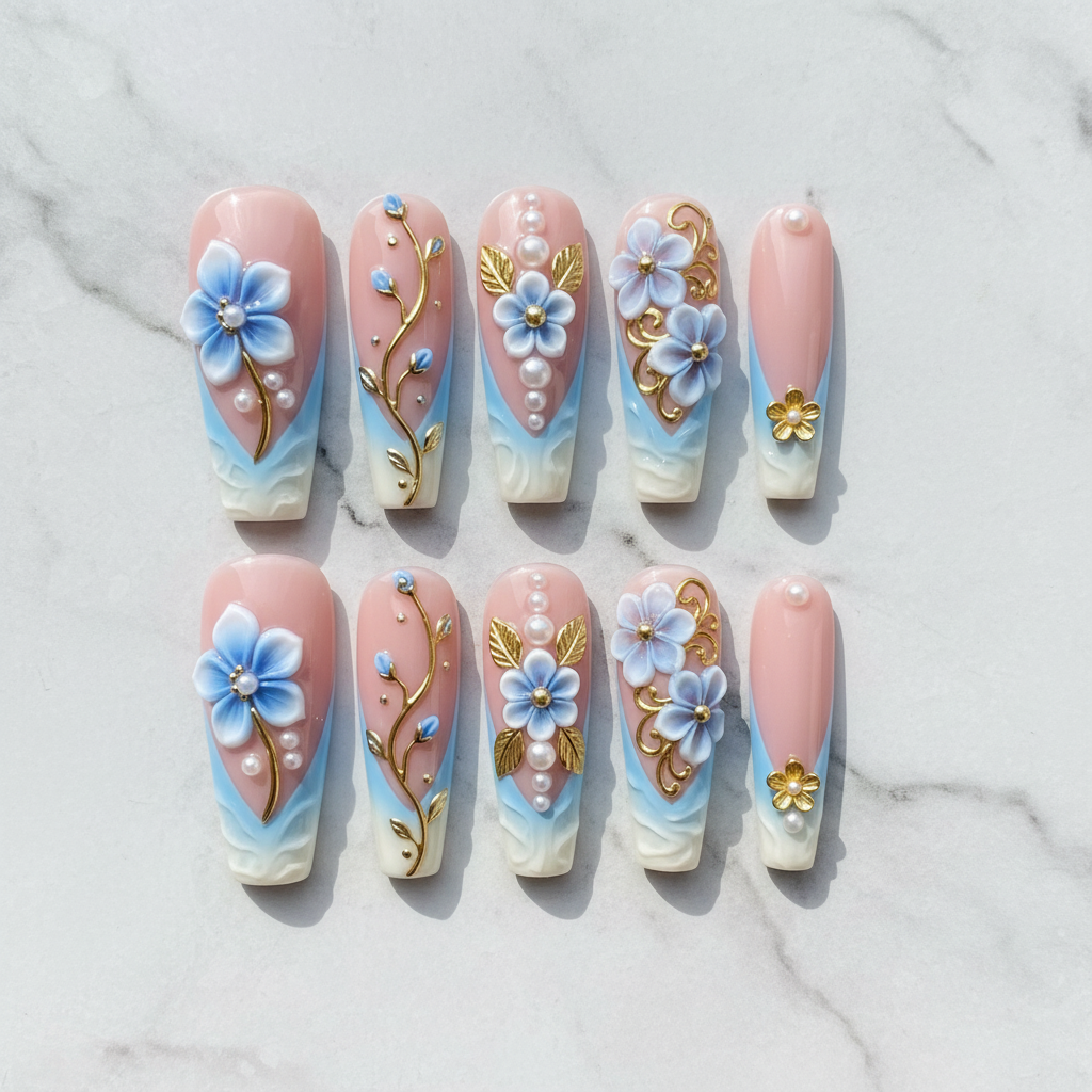 Flat lay top-down 10 blue floral pearl gold vine custom press-on nails white marble — LuxepressCo