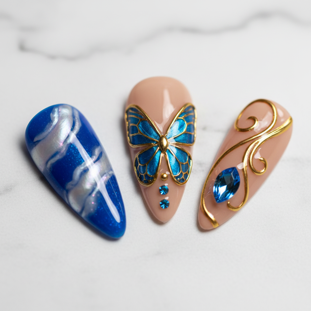 Close-up royal blue swirl marble and butterfly wing custom press-on nails with gold chrome outline — LuxepressCo