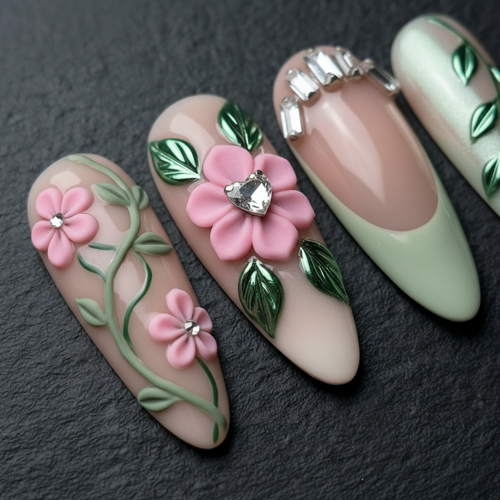 Close-up 3D pink flower heart rhinestone green chrome leaf custom press-on nails dramatic — LuxepressCo