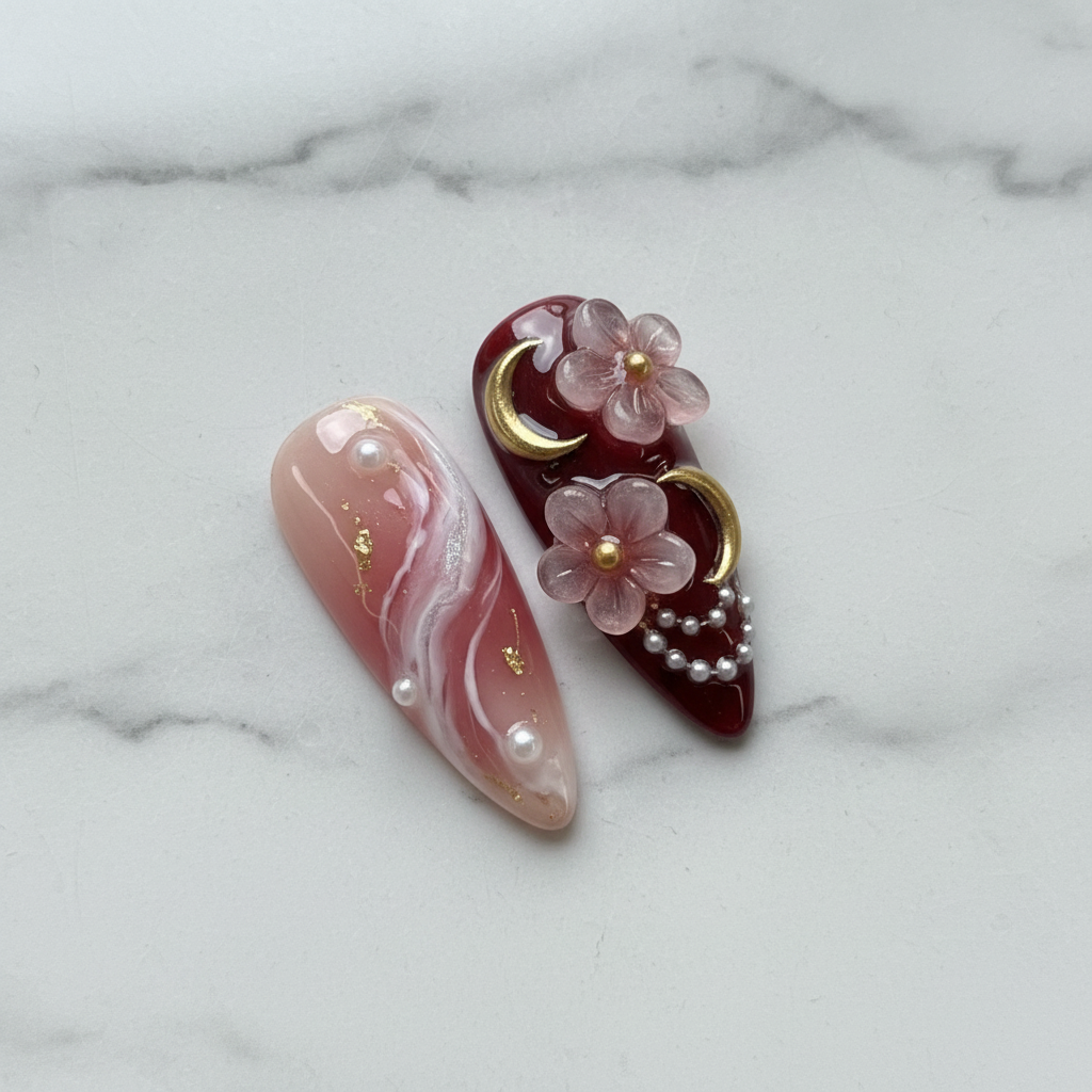 Close-up pink aurora marble swirl 3D flower charm custom press-on nails — LuxepressCo