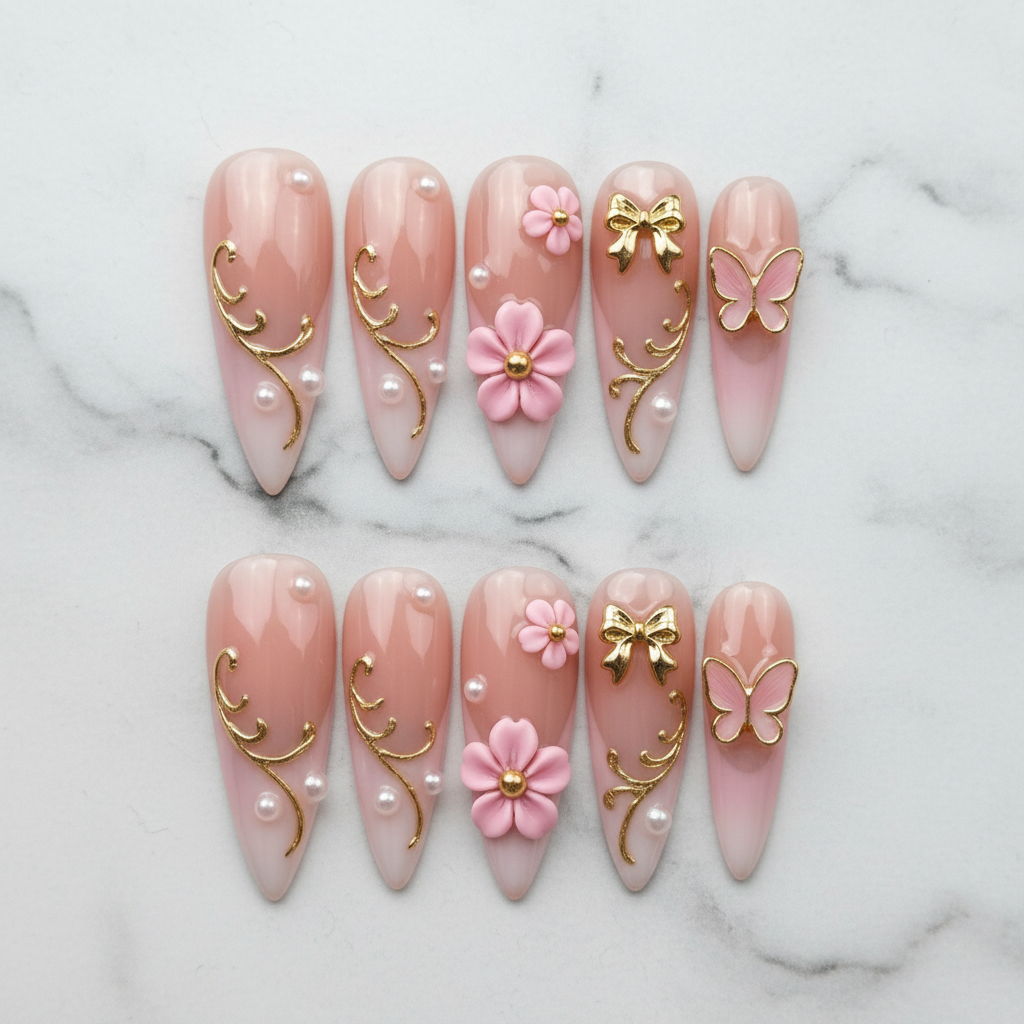 Flat lay top-down full set 10 luxury press-on nails pink pearl 3D flowers gold filigree butterfly bow white marble — LuxepressCo