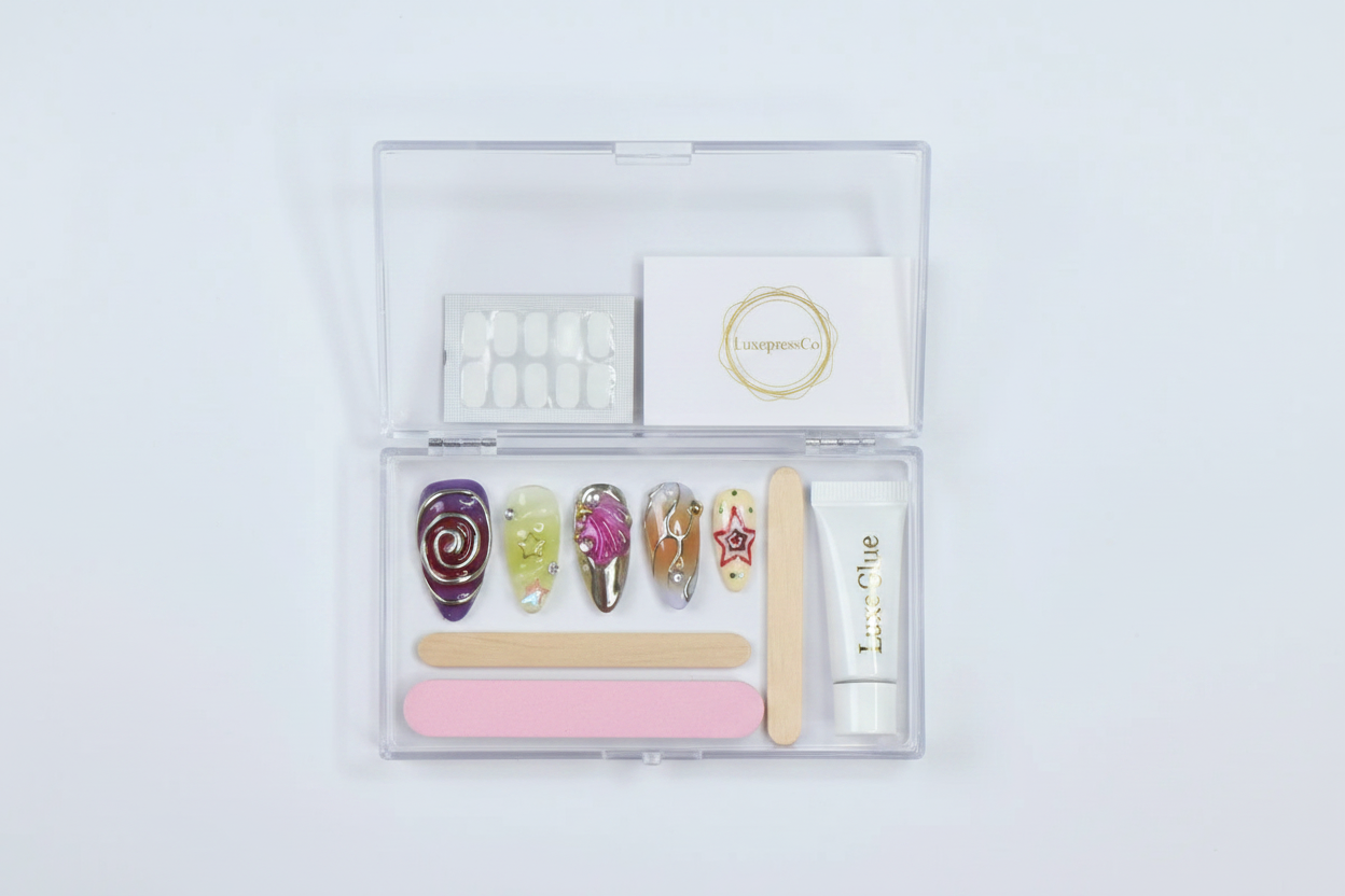 LuxepressCo acrylic packaging box open with chrome aurora galaxy press-on nails set and accessories — LuxepressCo